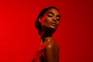 A striking portrait in vivid red lighting captures the essence of elegance and confidence, highlighting the serene and poised expression of the subject