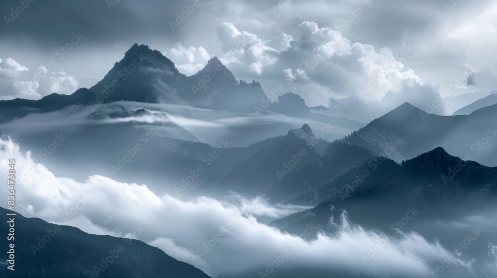 Poster an ethereal scene with the gentle soft clouds appearing as if on a canvas hovering above a range of 