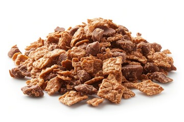 Obraz premium A pile of crunchy cereal clusters with chocolate chips, showcasing a delicious mix of textures perfect for breakfast or a tasty snack