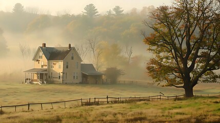 country farmhouse in misty morning light, framed by a tall tree and a wooden fence, with a black and gray roof and a glass window