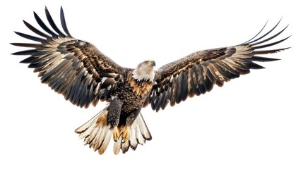 White-headed eagle falcon flying flapping its wide wings isolated on white background.