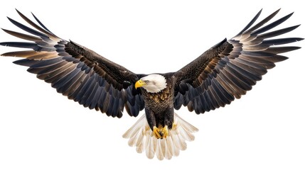 Fototapeta premium White-headed eagle falcon flying flapping its wide wings isolated on white background.