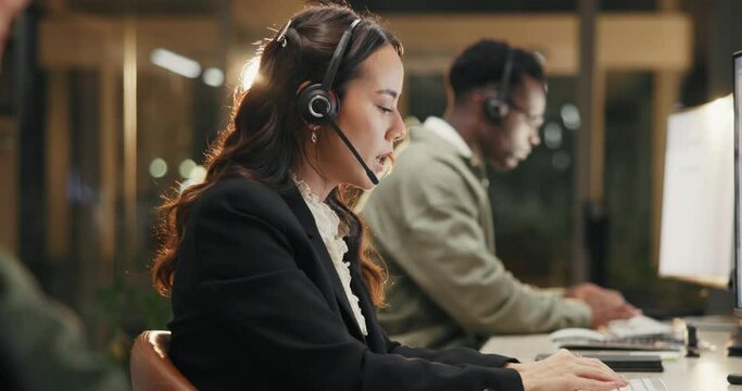 Typing, customer service and woman with headset for call center, telemarketing and crm communication. Agent girl, sales consultant and discussion for client support and contact us with online advice