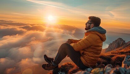 A man in a yellow jacket sits on a mountain top, looking out at the sun