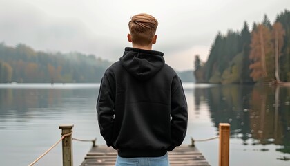 A man stands on a dock overlooking a lake