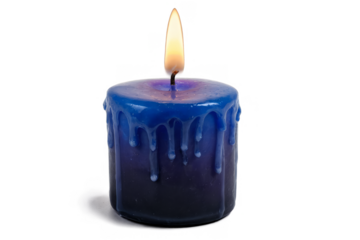 A lit blue candle with dripping wax, png file with transparent, white background ideal for relaxation themes