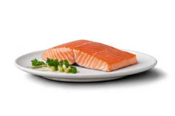 Two raw salmon fillets served on a plate against a transparent white background, ideal for png format