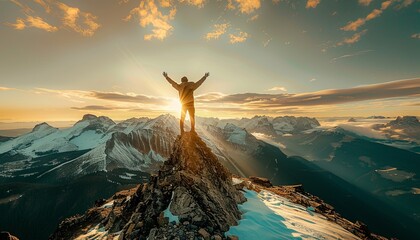A man is standing on a mountain top, with the sun shining on him - Powered by Adobe