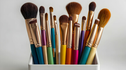 Fototapeta premium A collection of colorful makeup brushes arranged in a stylish organizer against a clean, white backdrop