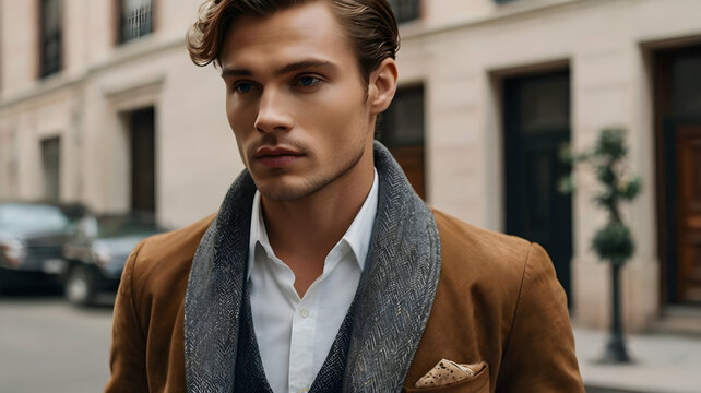 A handsome man in a chic emerald green blazer leans against a blurred street