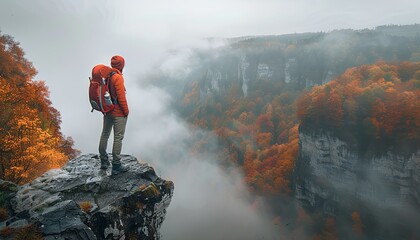 A man in an orange jacket stands on a rocky ledge overlooking a valley - Powered by Adobe