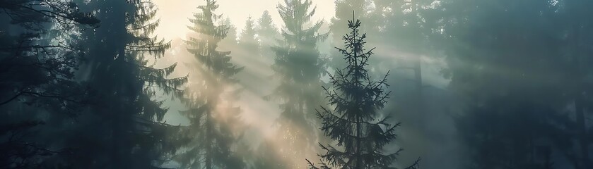 foggy forest with sun rays breaking through trees