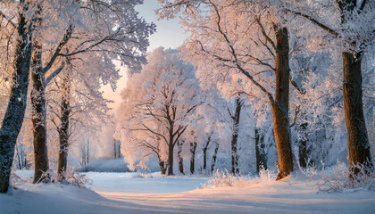 frosted tree crowns against pink sky