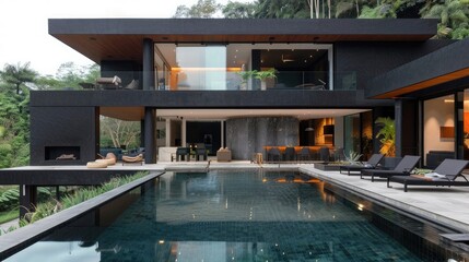 Black house with pool. Modern architecture
