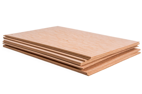 A neatly stacked pile of plywood sheets isolated against a transparent, white background in png