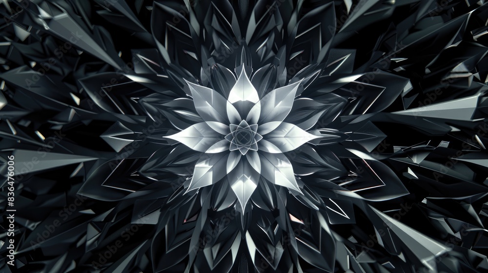 Poster dynamic animated geometric floral pattern over a black backdrop cyber design featuring geometric lin