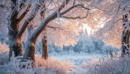 frosted tree crowns against pink sky