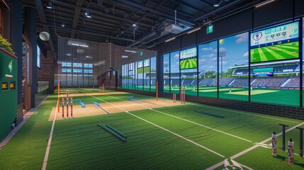 Obraz premium A dedicated cricket practice facility with high-speed bowling machines and digital displays, adorned with field-themed murals.