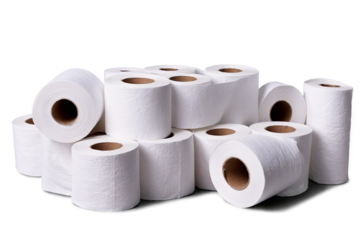 Bulk pack of white toilet paper rolls neatly stacked against a transparent, white background, depicted in png format