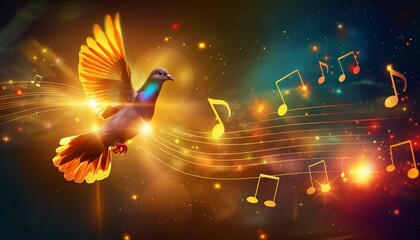 Abstract wave dove silhouette musical notes and shining lights, colorful bright light effect