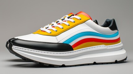A stylish modern sneaker featuring a vibrant and colorful design with yellow, red, blue, black, and white accents, perfect for casual and athletic wear
