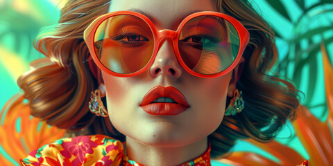 Retro style pastel colors summer background. Fashion woman wearing big sunglasses.