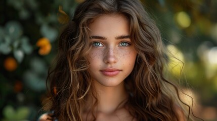 Naklejka premium A young woman with long wavy hair and striking blue eyes stands outdoors with a background of lush greenery, creating a serene and captivating portrait