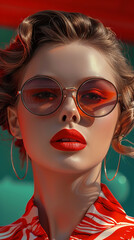 Fototapeta premium Retro style pastel colors summer background. Fashion woman wearing big sunglasses.