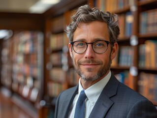 Fototapeta premium Confident and Professional Middle-Aged Man in Suit and Glasses Standing in a Library Filled with Books, Portraying Intelligence and Success