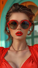 Obraz premium Retro style pastel colors summer background. Fashion woman wearing big sunglasses.