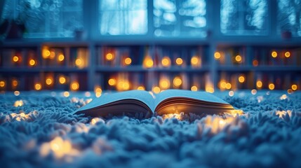 A serene and cozy reading nook with an open book on a furry carpet, surrounded by warm, glowing fairy lights and blurred bookshelves in the background, perfect for relaxation and escape