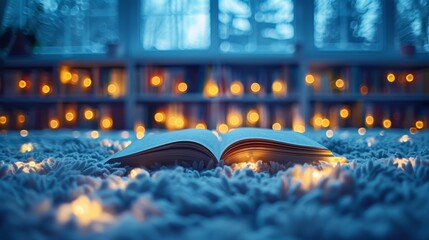 A serene and cozy reading nook with an open book on a furry carpet, surrounded by warm, glowing fairy lights and blurred bookshelves in the background, perfect for relaxation and escape
