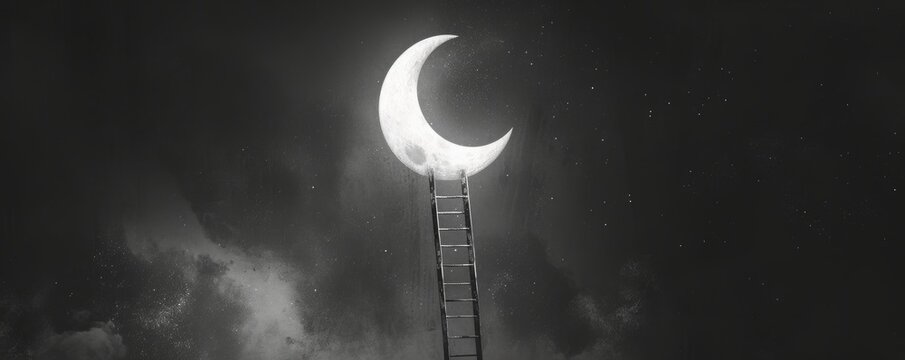 Ladder reaching to crescent moon in dark cloudy sky, surreal night concept