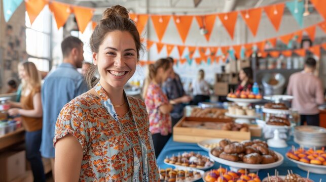 A smiling young woman in a floral top enjoying a community potluck event inside a decoratively adorned hall with people and food tables in the background