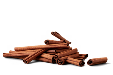 A neat pile of brown cinnamon sticks arranged on a white background, creatively processed to have a transparent, png format