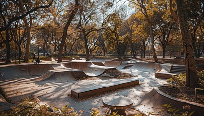 Skateboarding in a park with various ramps