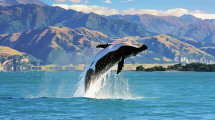 Obraz premium a humpback whale breaching with the open sea and clear sky as a backdrop