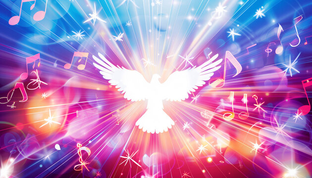 Abstract wave dove silhouette musical notes and shining lights, colorful bright light effect