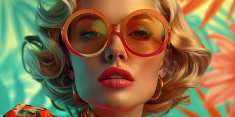 Obraz premium Retro style pastel colors summer background. Fashion woman wearing big sunglasses.