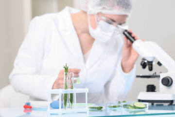 Quality control. Food inspector checking safety of products in laboratory, focus on test tubes with dill