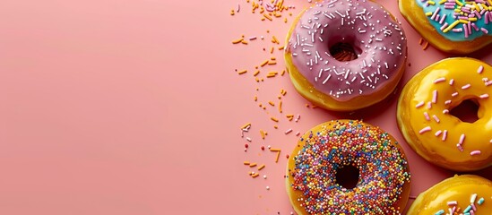 - Perfect for celebrating National Donut Day, this image offers ample copy space and a sharp focus., A vibrant close-up of colorful donuts adorned with sprinkles, set against a playful pink backgroun