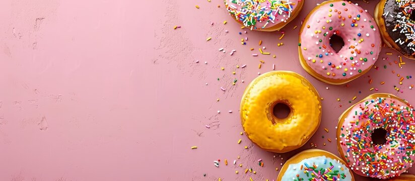A vibrant close-up of colorful donuts adorned with sprinkles, set against a playful pink background.