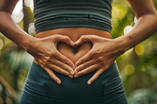 Woman's hands forming a heart shape on her abdomen, emphasizing gut health and microbiome.