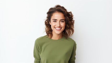 Obraz premium a young woman with a bright and cheerful smile against a white background 