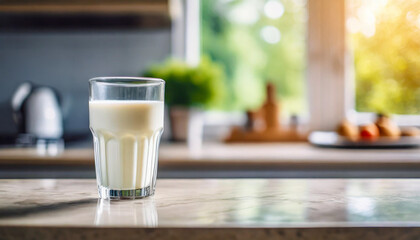 glass of milk sits on a wooden kitchen countertop with a bright, blurred kitchen background, perfect for text. It symbolizes purity, health, and simplicity, evoking homey, nostalgic feelings