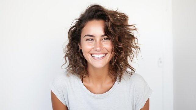 a young woman with a casual portrait in a positive view, big smile over a white background 