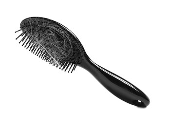 Brush with lost hair in air on white background