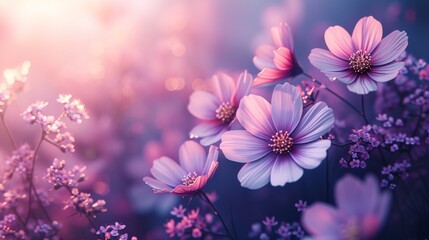 Ethereal pink and purple flowers with a soft glow at sunset, close-up view. Tranquility and nature beauty concept