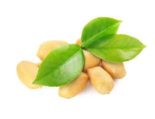 Peeled peanuts and leaves isolated on white
