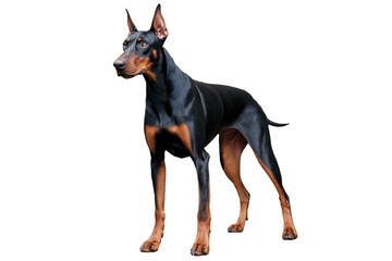 Full-body image of a Doberman Pinscher dog, showcasing its sleek black and tan coat, on a transparent, white background, png format